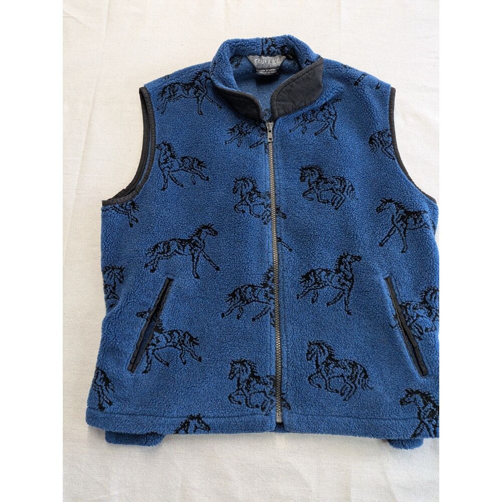 Vintage Western Equestrian Horse Print L/G Blue Fleece Vest Made in Canada